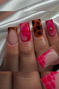 Leopard Print And Red Nails, Cheetah Nails With Red, Red And Leopard Print Nails, Short Cute Nails, Tortoise Shell Nails, Nail Inspo Pics, Nails With Red, Shell Nails, Cheetah Print Nails