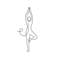 a line drawing of a woman doing yoga with her arms in the air and one hand out