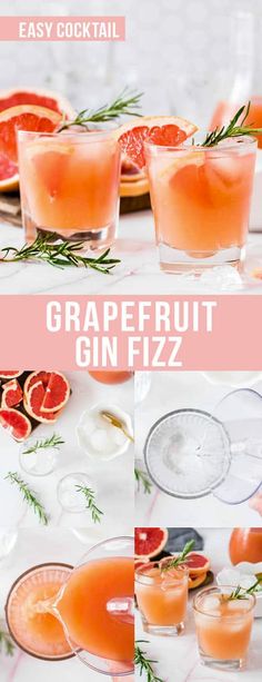 grapefruit gin fizz with rosemary garnish in glasses and on the table