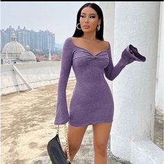 Long Sleeve Sweetheart Neckline Twist Front Mini Dress Size Small Open To Do Bundles On All Dresses Purple Long Sleeve Short Dress, Flounce Sleeve Bodycon Dress, Purple Dress Short, Blue Flowy Dress, Layered Ruffle Dress, Dress Amazon, Colorful Outfits, Striped Bodycon Dress