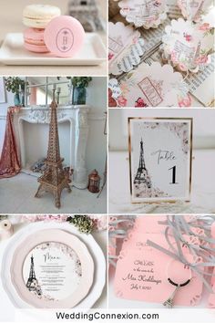 pink and white wedding theme with the eiffel tower in paris, france on top