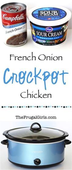 the french onion crockpot chicken recipe is shown in this ad for frozen food