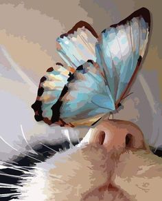 a painting of a cat with two butterflies on its head looking at it's face