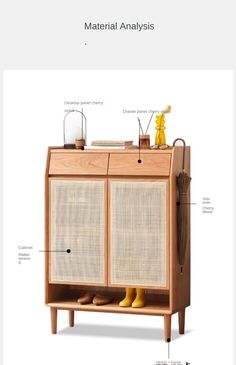 a wooden cabinet with an open door and two doors on the side, labeled in yellow rubber boots