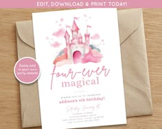 a pink princess castle birthday card with the words four ever magical written on it, in front of a brown envelope