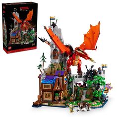 an orange dragon is on top of a castle