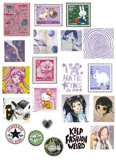 various stamps and stickers are displayed on a white background with the words keep fashion weird