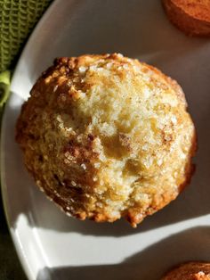 two muffins sitting on top of a white plate