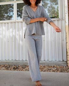 Sweater sets are having a moment, and we're here for it. Wear this super soft v-neck on its own or pair it our matching Stowaway Pant for an easy throw-on-and-go fall fit. Stay warm while looking effortlessly pulled together in this luxurious blend of superfine wool and recycled cashmere. Relaxed v-neck sweater with drop shoulders, side slits and high-low hem. Made with a fine 12-gauge Italian yarn with roll edge neckline and hem. Soft Knit V-neck Sweater For Loungewear, Casual V-neck Sweater In Soft Knit For Loungewear, Cozy V-neck Sweater For Fall Loungewear, Fall V-neck Sweater For Loungewear, Fall V-neck Sweater With Ribbed Cuffs For Loungewear, Fall Ribbed Cuffs V-neck Sweater For Loungewear, Fall Ribbed Cuff V-neck Loungewear Sweater, V-neck Sweater For Loungewear In Fall, Casual V-neck Sweater For Loungewear