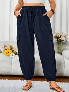 Plus Flap Pocket Side Knot Waist Cargo Pants Navy Blue Casual   Woven Fabric Plain Jogger Non-Stretch  Women Plus Clothing, size features are:Bust: ,Length: ,Sleeve Length: Jogger Pants Casual, Casual Joggers, Plus Size Pants, Casual Trousers, Drawstring Pants, Kids Sleepwear, Casual Fall, Jogger Pants, Cargo Pants