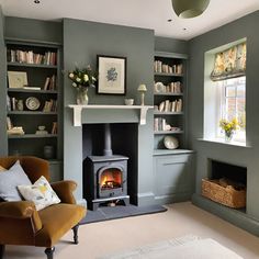 a living room filled with furniture and a fire place next to a book shelf full of books