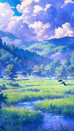 an anime scene with rain falling from the sky and grass in the foreground,