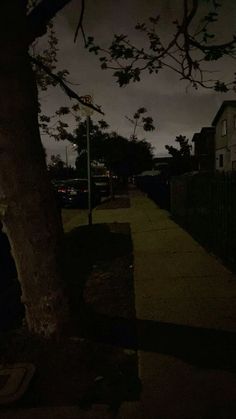 a tree on the side of a street at night time with dark clouds in the background