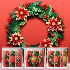 the christmas wreath is surrounded by four glass blocks