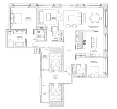 the floor plan for an apartment with three bedroom and two bathroom areas, including one living room