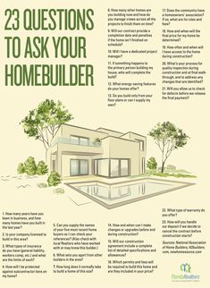 a house with the words 22 questions to ask your homebuiler on it