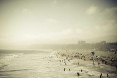 many people are on the beach and in the water