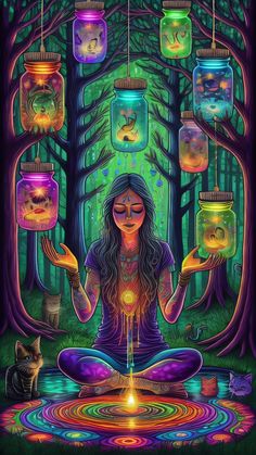 a woman sitting in the middle of a forest surrounded by jars filled with glowing lights