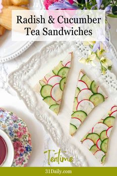 radish and cucumber tea sandwiches on a white tray with flowers in the background