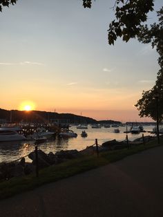 the sun is setting over some boats in the water and on the shore, along with trees