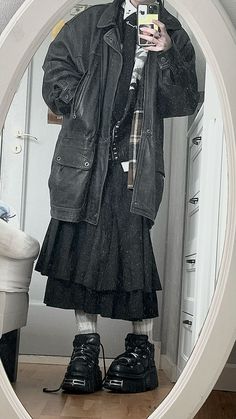 Grunge Outfit With Skirt, Trad Goth Male Outfit, Outfits With Grey Jacket, American Gothic Outfit, Fall Inspo Outfits Aesthetic, Sweater With Holes Outfits, Big Boots Outfit Aesthetic, Layered Button Up Shirt Outfit, Rock Y2k Outfits