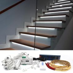 a set of stairs that have been lit up with leds and wires attached to them