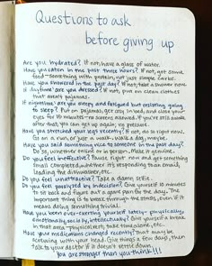 an open notebook with writing on it that says, questions to ask before giving up