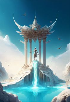 a man standing on top of a waterfall in front of two tall pillars with birds flying around