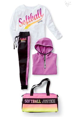 a set of clothing including sweatshirts, sweatpants and duffle bag is shown