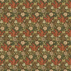 an old fashioned wallpaper with many different flowers and leaves on the side, in red and green colors