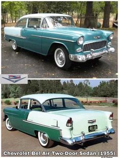 two pictures of an old car in the same color