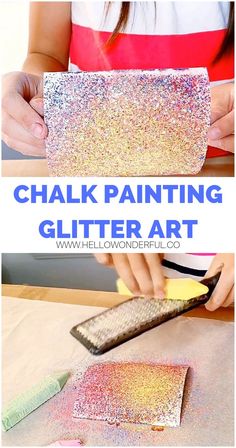 a girl is painting glitter art on a piece of paper with the words chalk paint