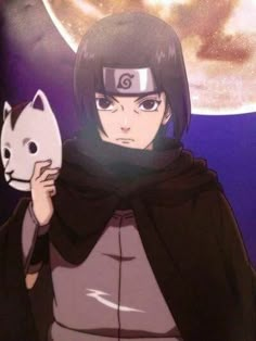 an anime character holding a white cat in front of a full moon and stars background