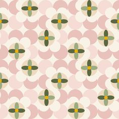 an abstract pattern with circles and flowers in pink, green, yellow and white colors