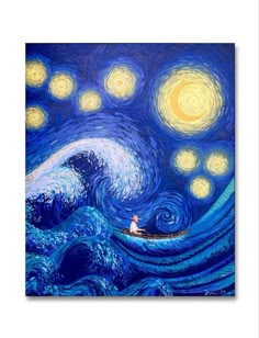 a painting of a man in a boat on a wave with the stars above him