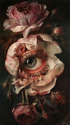 an eye is surrounded by pink flowers and leaves on a black background, with the iris in the center