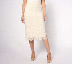 We're so in love with this lace midi skirt. Finished with a scalloped and eyelash trim along the hem, this pretty yet polished style makes a graceful entrance anywhere you go. From Isaac Mizrahi Live!TM. Delicate Lace Skirt For Spring, Elegant Lace Bottoms With Lace Trim, Feminine Scalloped Lace Bottoms, Fitted Scalloped Lace Skirt, Fitted Lace Skirt With Scalloped Detail, Chic Lace Skirt, Lace Trim Midi Skirt, Elegant Maxi Skirt With Lace Trim, Feminine Lace Skirt With Lace Trim