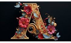 the letter a is decorated with flowers and leaves on a black background for an artistic look