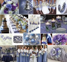 a collage of pictures with blue and silver wedding decorations, flowers, and other items