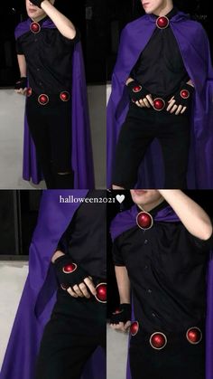 a woman dressed in black and purple with red buttons on her chest, wearing a cape