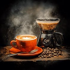 a cup of coffee sitting on top of a saucer next to a pile of beans