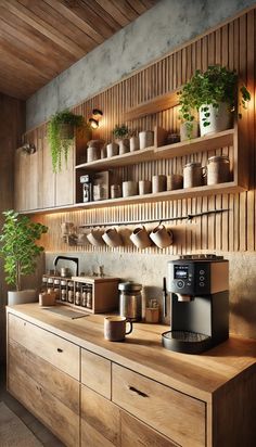 a kitchen with wooden cabinets and shelves filled with coffee cups, plants and other items