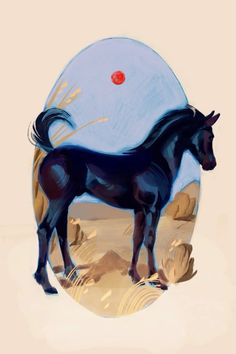 a black horse standing on top of a sandy beach next to a red ball in the sky