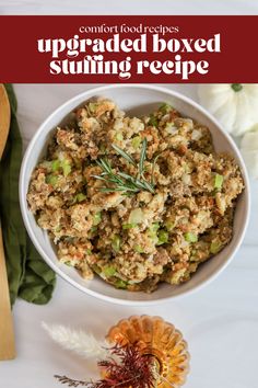 a white bowl filled with stuffing next to a wooden spoon and some other food items