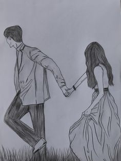 a drawing of a man and woman holding hands while walking through the grass with an umbrella