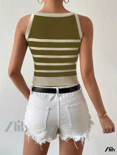 Zlily - Contemporary Striped Knitted Crop Tank Top: Y2K Sleeveless Fashion Essential for the Ultimate Summer Wardrobe – Womens Clothing Casual Olive Knit Tops, Trendy Green Cotton Sweater Vest, Trendy Green Knit Sweater Vest, Fitted Olive Sleeveless Top, Fitted Sleeveless Olive Top, Green Sleeveless Knit Vest, Green Stretch Tank Top For Fall, Green Tank Top For Fall, Green Knit Sleeveless Vest