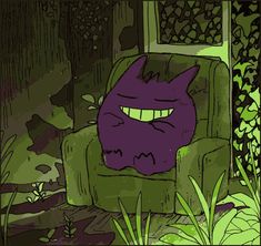 a purple cat sitting on top of a green chair in the grass next to a window