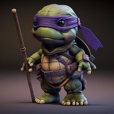 a cartoon turtle with a purple bandana holding a stick