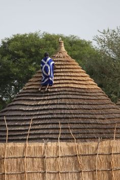 a blue and white flag on top of a thatched roof