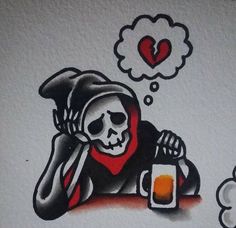 a drawing of a skeleton holding a beer with thought bubbles above it and an image of a skull in the background